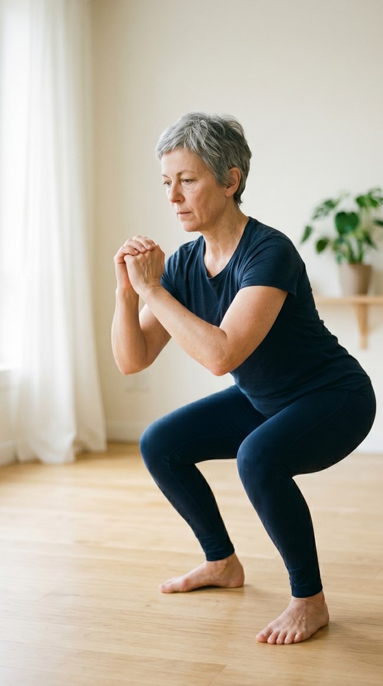 Femme qui fait un squat chez elle