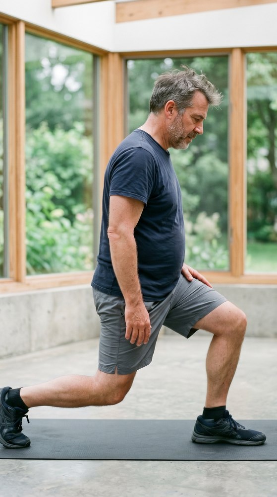 Homme qui fait une fente (renforcement) chez lui